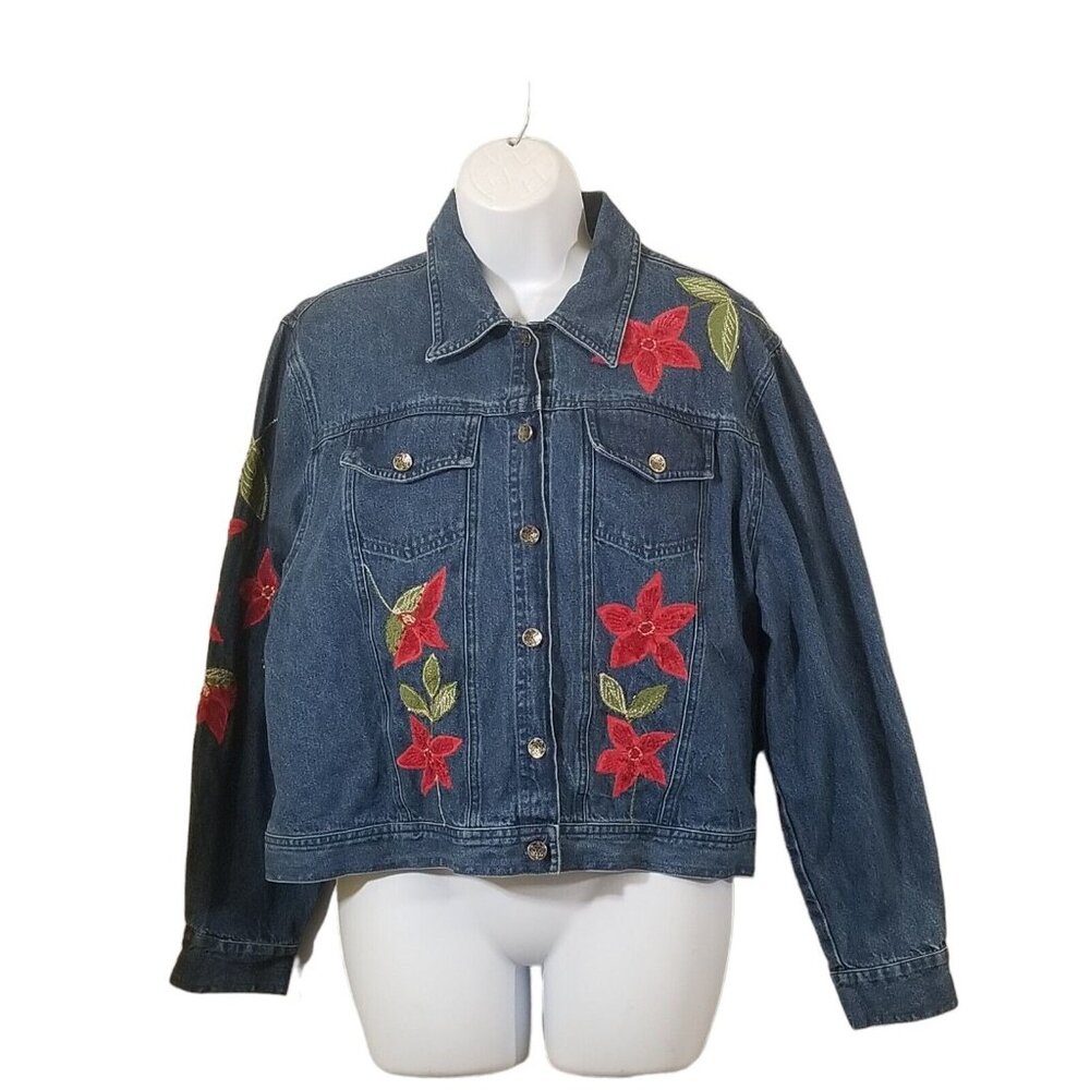 Tantrums VTG Jean Jacket Women PL Blue Denim Beaded Flowers Embroidered